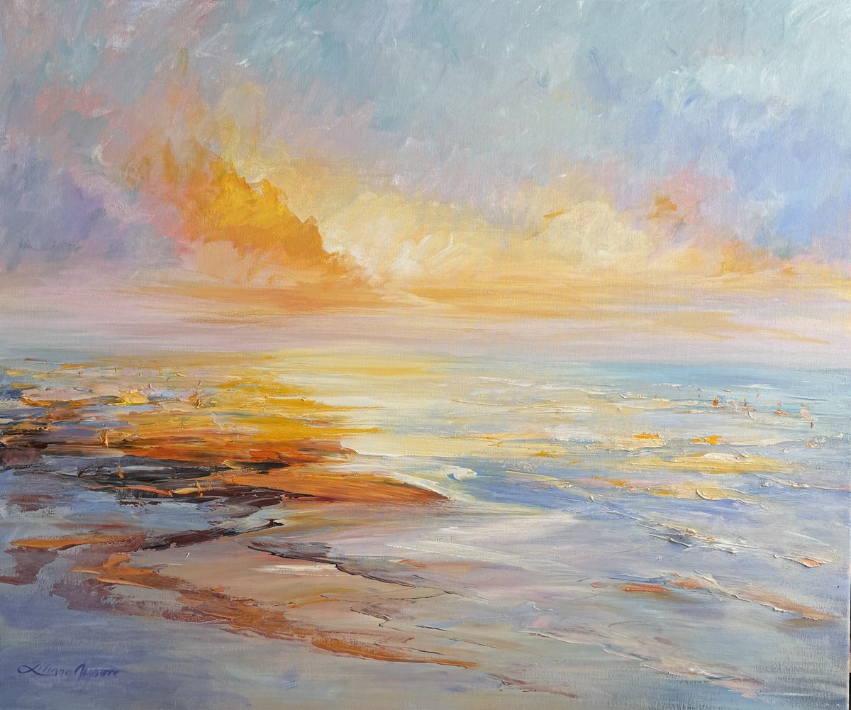 Impressionistic Landscape Acrylic Painting By Liliana Gigovic, 47 X 39", Golden Tides, Original Artwork