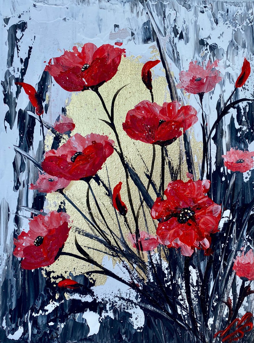 Abstract Textured Poppies on Gold Leaf by Marja Brown