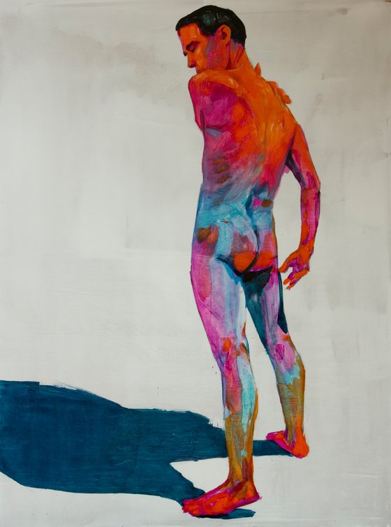modern pop art portrait of a nude man on blue orange and red