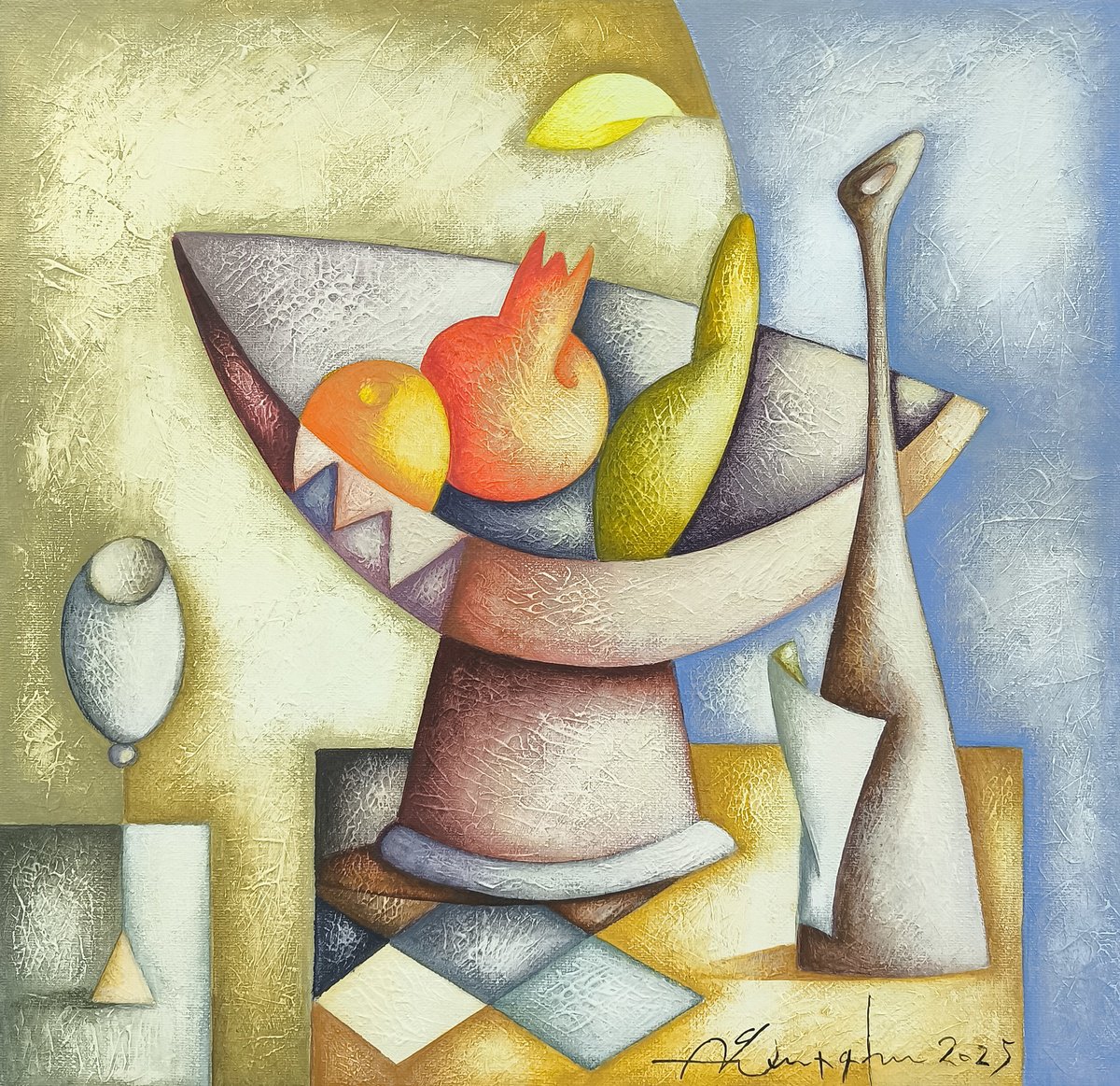 Naive Still Life Acrylic Painting By Sargis Zakarian, 16 X 16", Harmony In A Bowl, Original Artwork