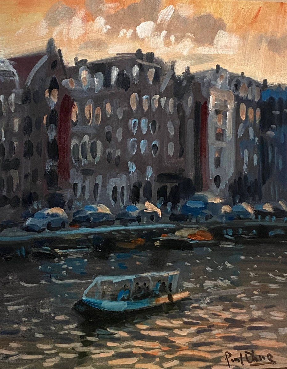 Impressionistic Cityscapes Oil Painting By Paul Cheng, 16 X 20", Amsterdam Evening No.9, Original Artwork