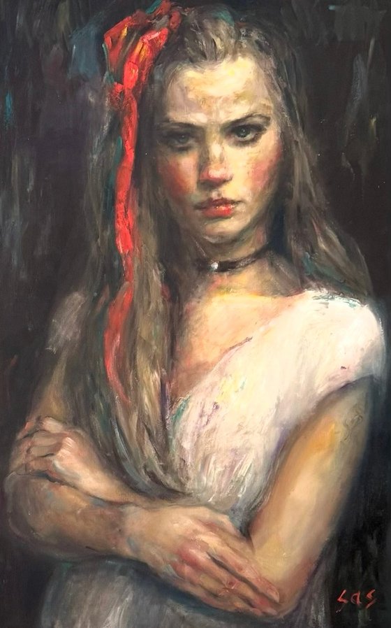 Girl with a red bow. After.