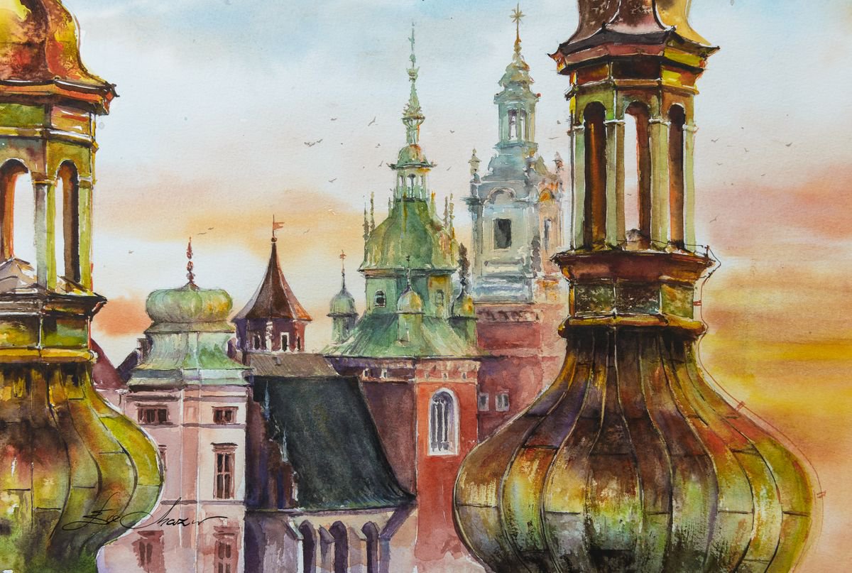 Impressionistic Cityscapes Watercolour By Eve Mazur, 17 X 12, Towers Of Krakow, Poland, Original Artwork