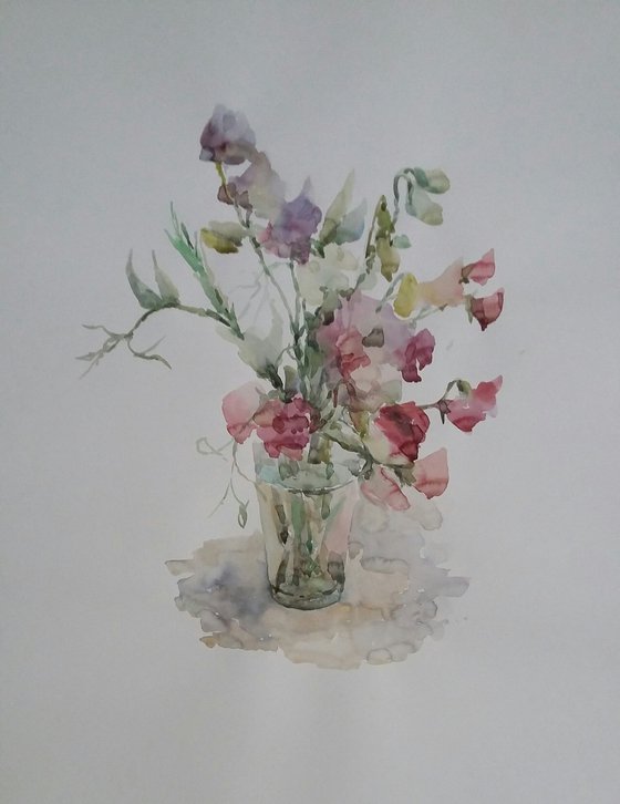 Bouquet of sweet peas. Original watercolour painting.