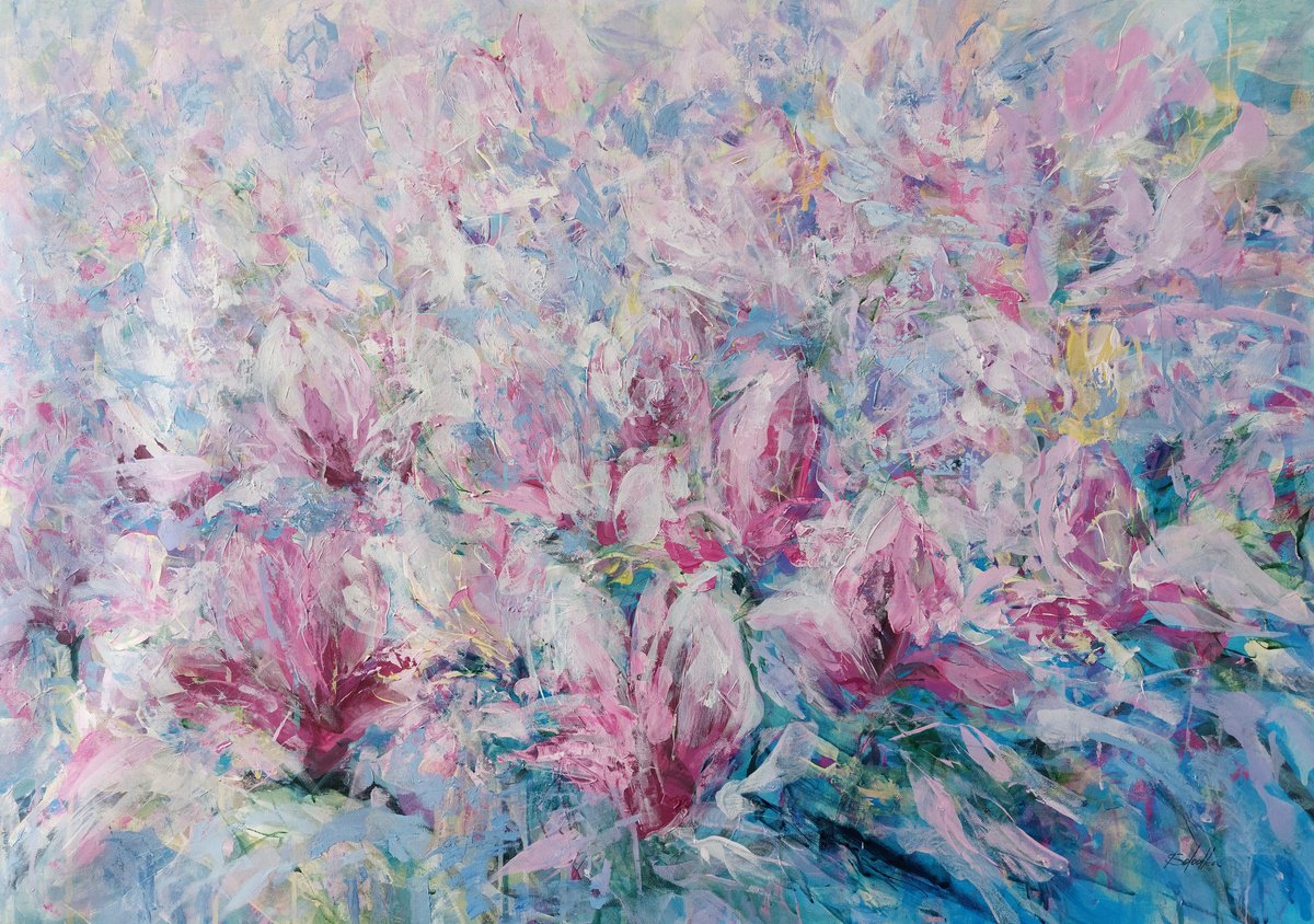Impressionistic Botanical Acrylic Painting By Katia Solodka, 35 X 24", Magnolia. Spring
