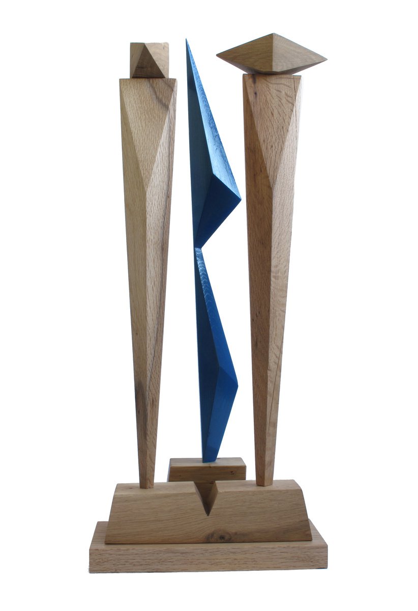 Urban And Pop Portrait Wood Sculpture By Nikola Tsvetanov, 10 X 21", "Blue Affect", Original Artwork