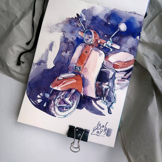 "Retro scooter. White with a red stripe" - watercolor sketch - series "Artist's Diary"