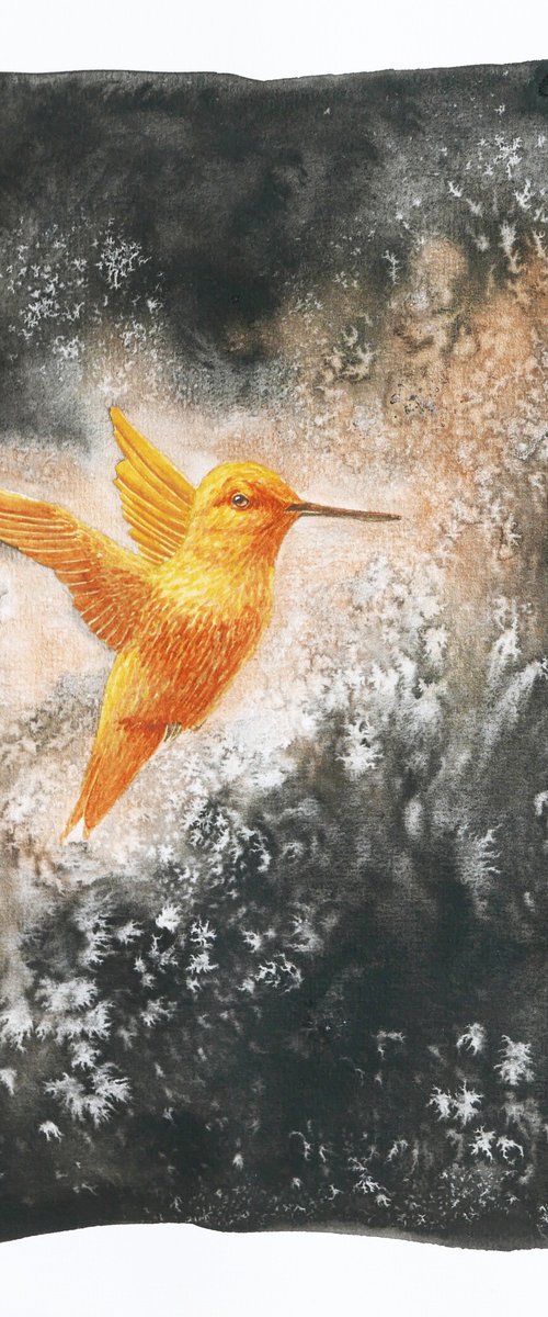 Golden bird collection. Hummingbird in flight by Karina Danylchuk
