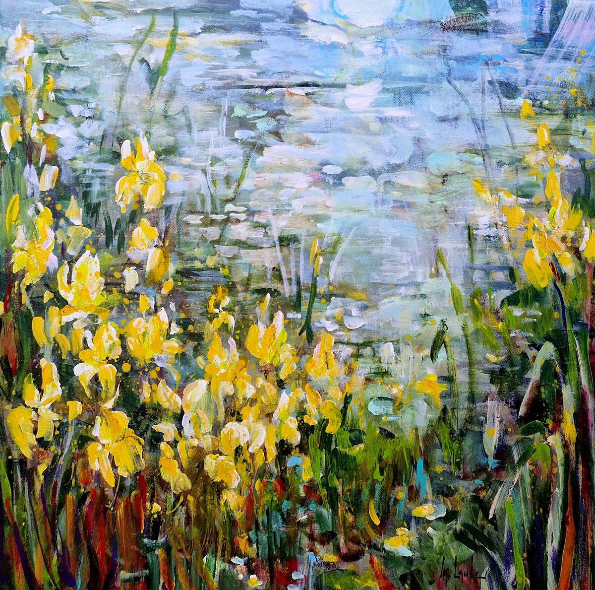 Yellow irises at the pond by Irina Laube