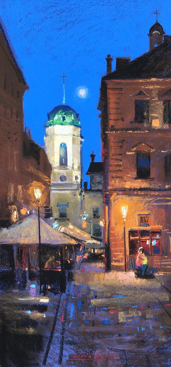 Night lights Ukrainian city of Lviv. Soft pastel drawing 25.5х12.7 inch (65x32.5 cm)