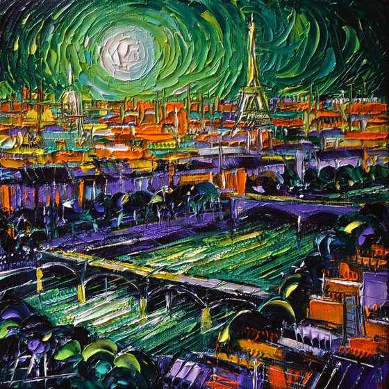 PHANTASMAGORIC PARIS 20x20cm original impasto oil painting stylized cityscape Mona Edulesco