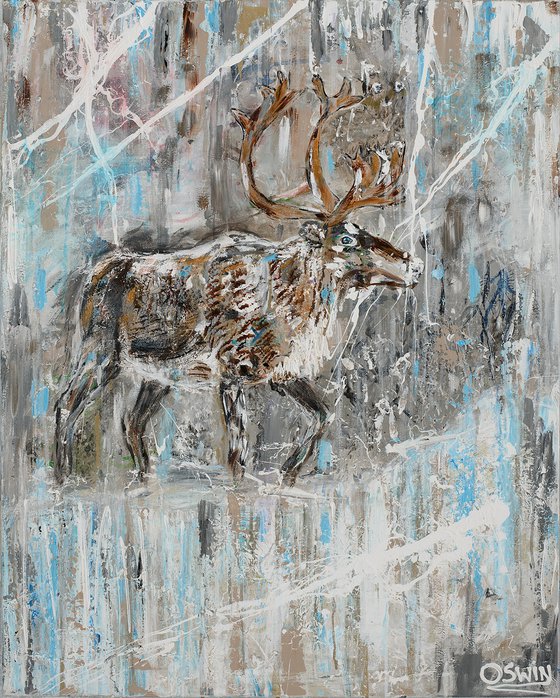 THE REINDEER CALL - Reindeer winter landscape - 80 x 100 cm - Oswin Gesselli Painting