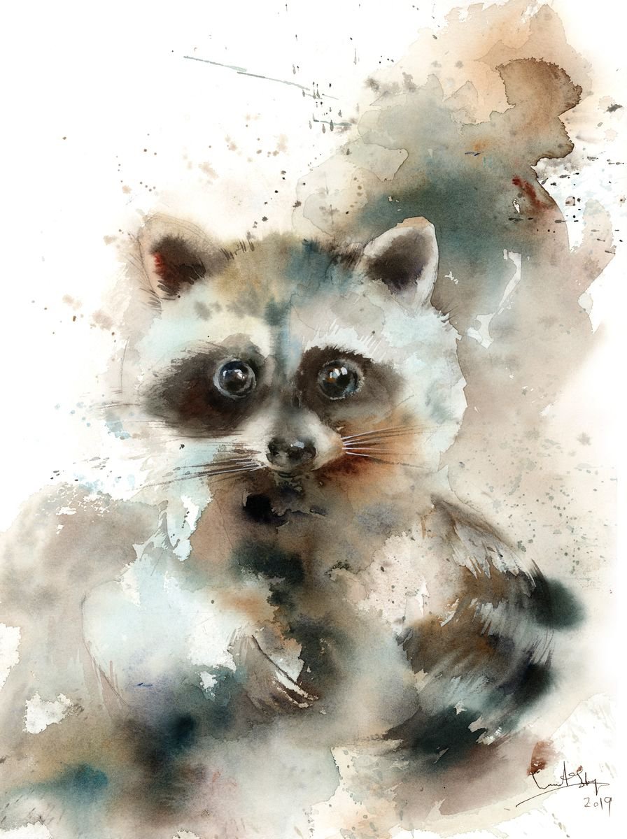 Impressionistic Animal Watercolour By Sophie Rodionov, 12 X 16", Raccoon, Original Artwork