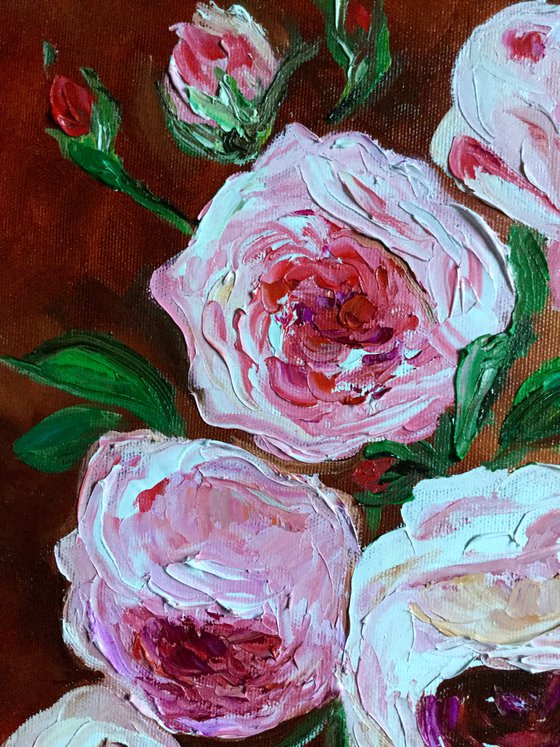 BOUQUET OF CORAL ROSES #4 palette knife modern red pink still life  flowers Dutch style office home decor gift