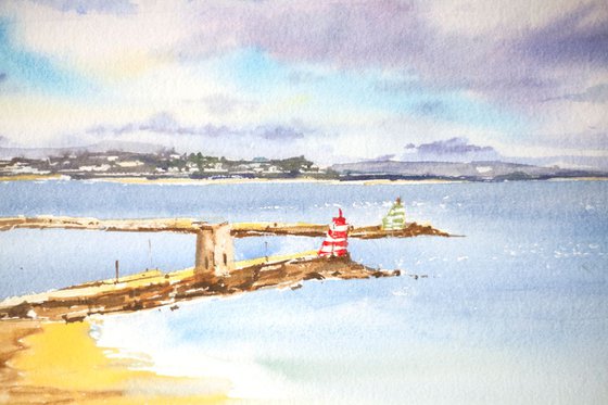 Sea in Lagos 2, Portugal. Original watercolor painting. Small size sky blue sea ocean Portugal Lagos harbor boats