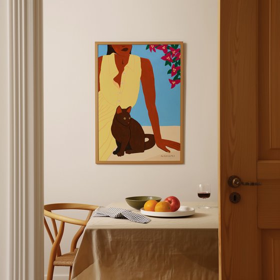 Girl, cat and bougainvillea