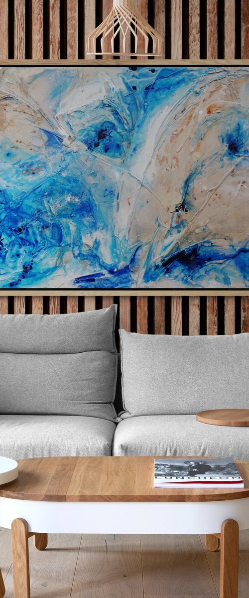 Sapphire Casbah 190cm x 100cm Blue Cream Textured Abstract Art by Franko