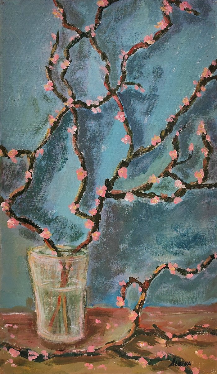 Impressionistic Botanical Oil Painting By Albina Urbanek, 11 X 18, Sakura, Original Artwork