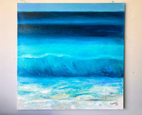 Sea. Blue and turquoise. 70x70 cm. Minimalistic large painting of the tropics and the beach.