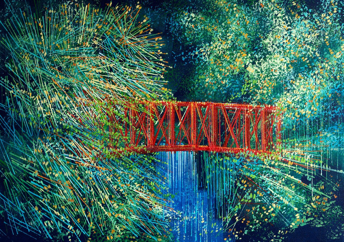 Impressionistic Landscape Acrylic Painting By Marc Todd, 23 X 17", The Red Bridge, Original Artwork