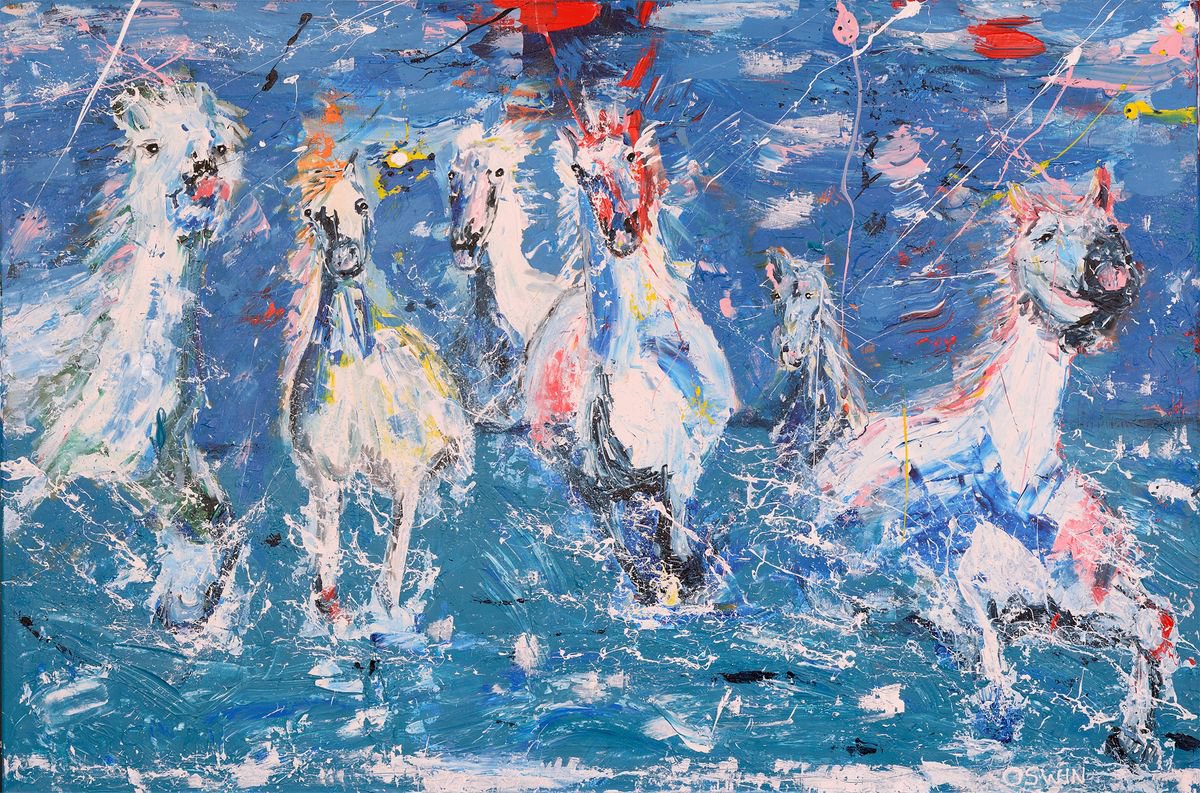 Surrealistic Animal Acrylic Painting By Oswin Gesselli, 59 X 39", Horse Painting - Wild Horses Iv - 150 X 100 X 4 Cm. | 59.06"X 39.37" Equine Art By Oswin Gesselli, Artfinder