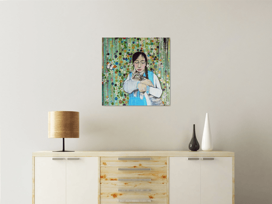 Best friends, buttons and a butterfly (contemporary figurative painting, butterfly, cat, girl)