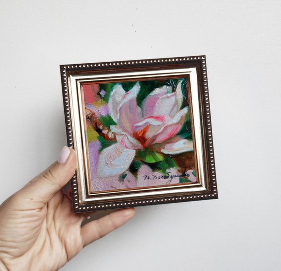 Magnolia oil painting original, Small art framed unique pink flower painting miniature