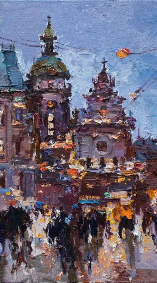 Lviv. Original oil painting evening city of Lviv, Ukraine, landscape painting by Anastasiia Valiulina
