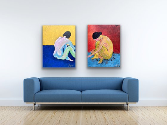 Sitting Nude - Figurative Diptych oil painting