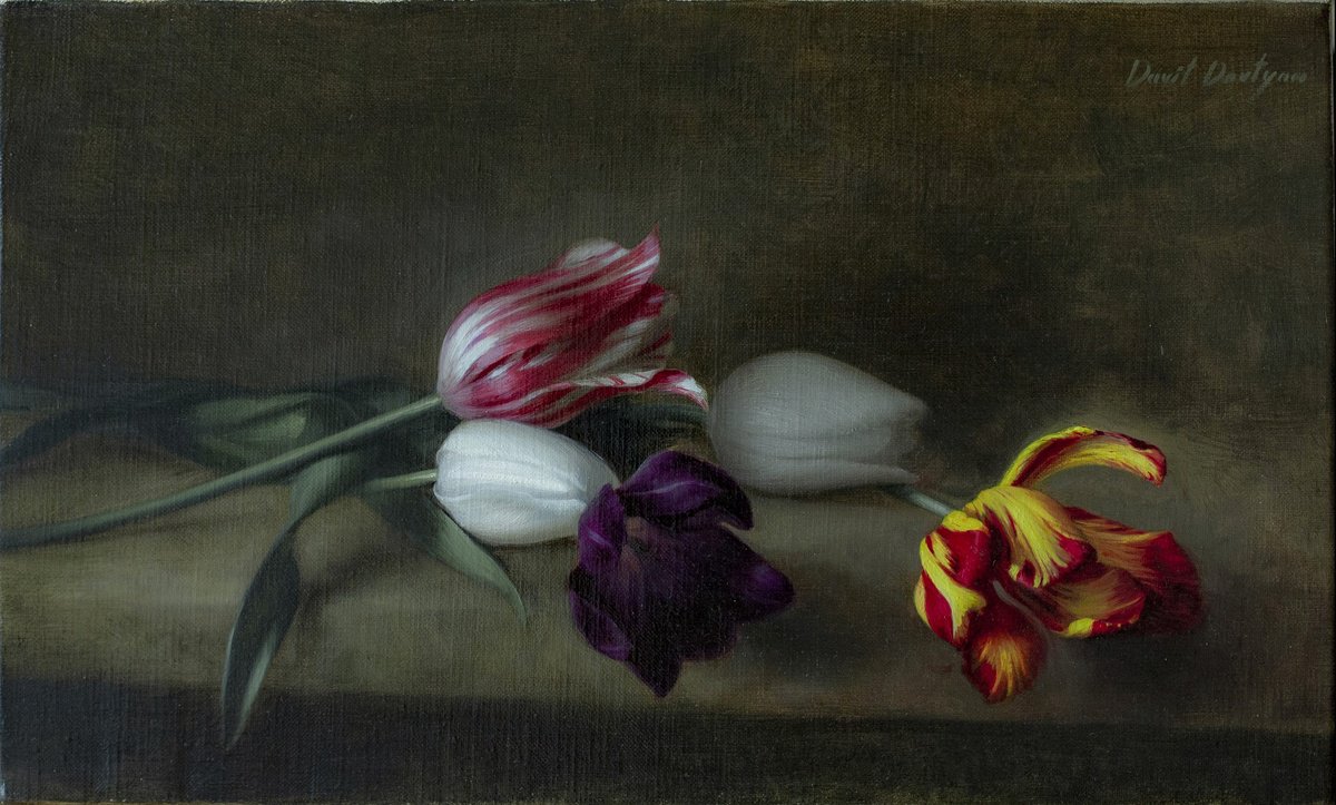 Photorealistic Still Life Oil Painting By Davit Davtyan, 20 X 12, Tulips, Original Artwork