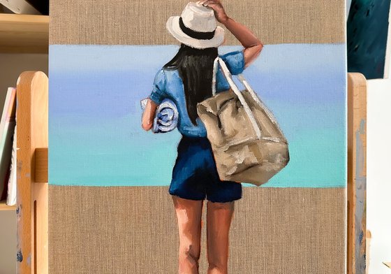 To the Beach - Woman Painting on Linen Canvas