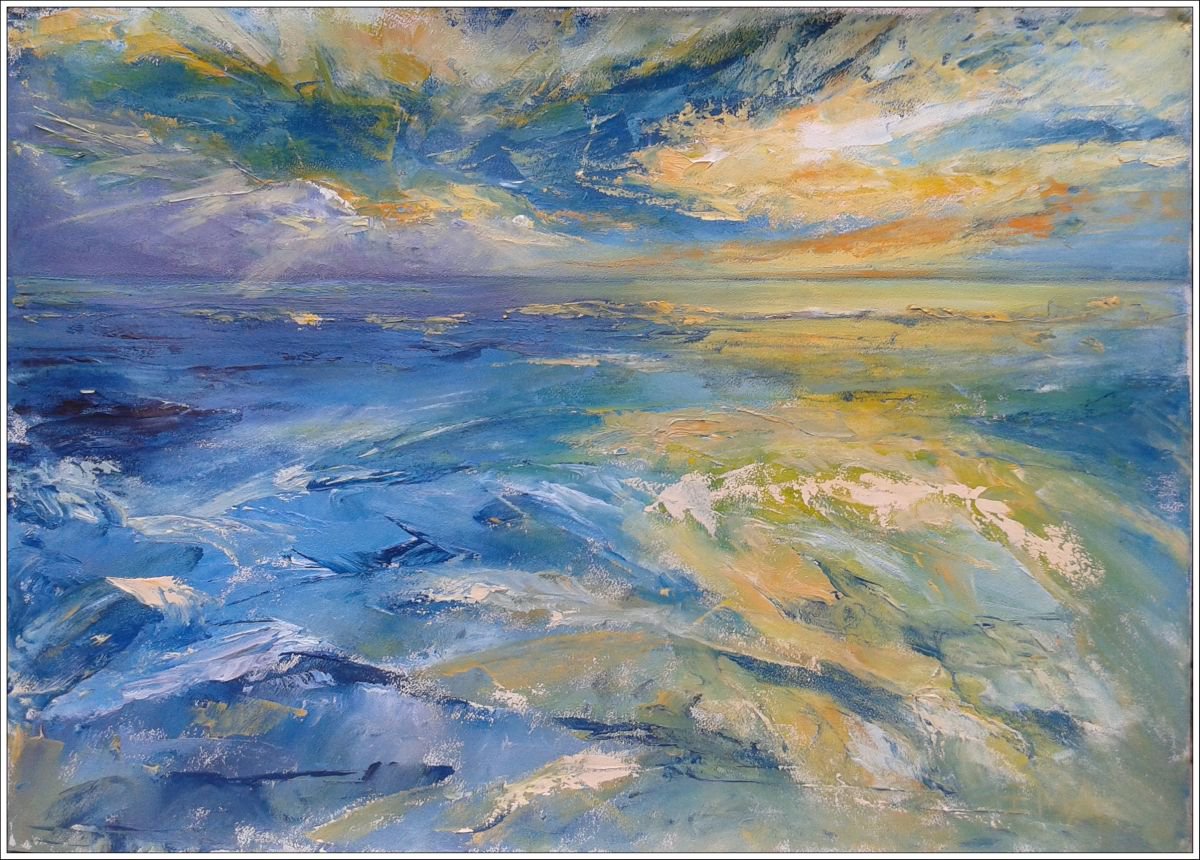 SUMMER LOVE, 70x50cm, seascape sunset blue waters landscape by Emilia Milcheva