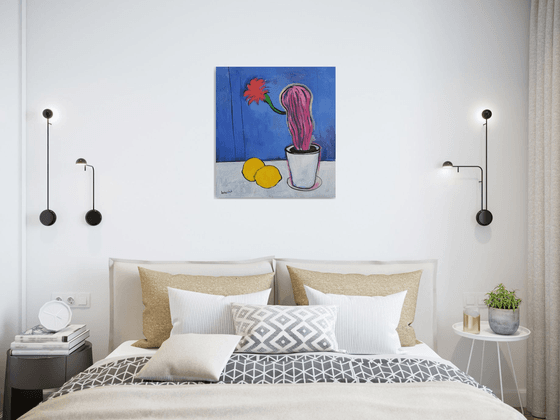 Pink Cactus with Flower and Lemons