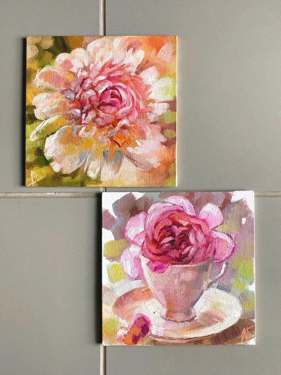 Set of 2 small oil paintings: pink rose in vintage cup and white peony. Gift for her, mother, sister pocket tiny painting