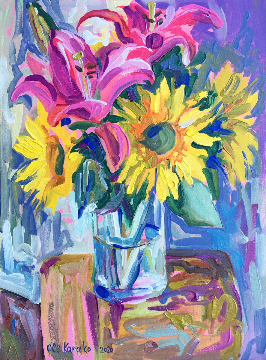 Sunflowers and Lilies 2, 30X40cm by Ole Karako