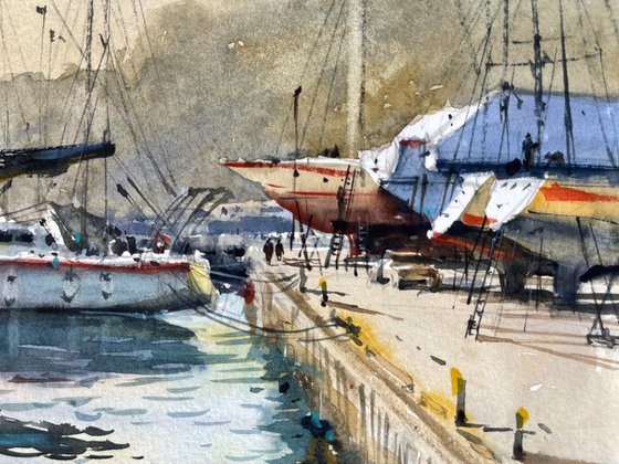 Yacht on the coast. Watercolor painting