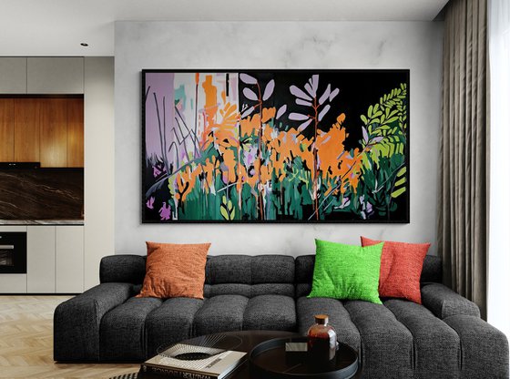 After the rain #3, orange pink black painting