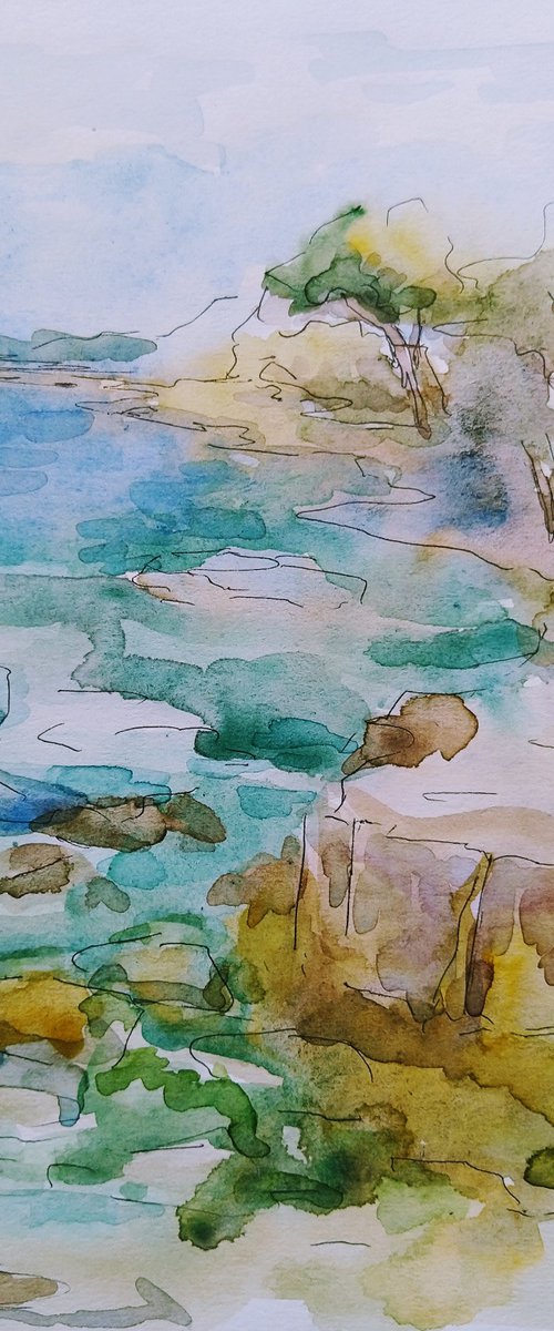 Greece. Etude by the sea. Original watercolour painting by Yury Klyan