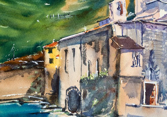 Vernazza. View of the tower and old town. Big format watercolor urban landscape Mediterranean italy sea bright architecture