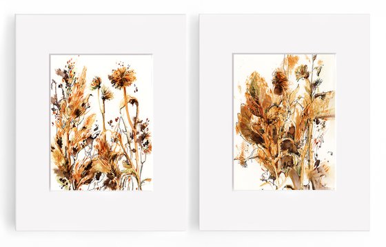Abstract Botanical Mixed Media Diptych, Herbs and Flowers in Burnt Orange and Earth Colors 2 Paintings Set