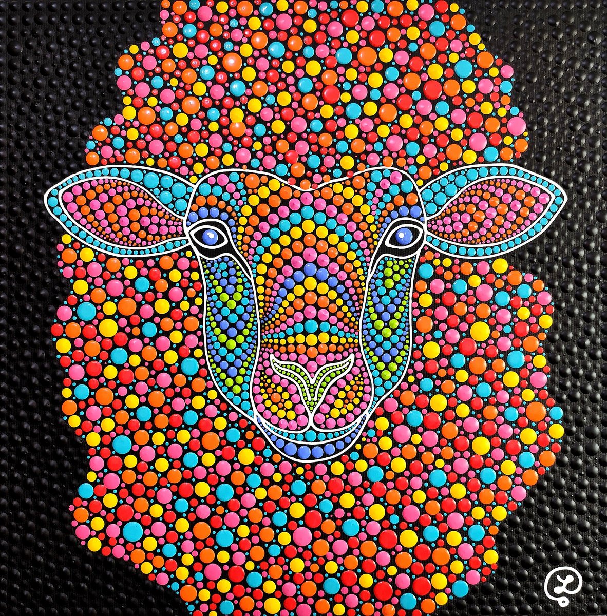 Expressive Animal Acrylic Painting By Oxana Lazari, 16 X 16", Rainbow Wool, Original Artwork