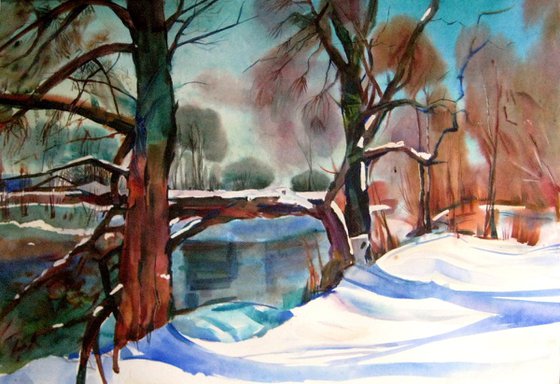 Winter tree, large watercolor 68x98cm