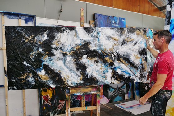 Satin Pepper 240cm x 100cm Black Rust Blue Abstract Art