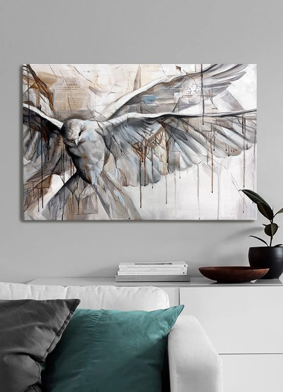 White Beige Blue Pigeon Abstract Bird