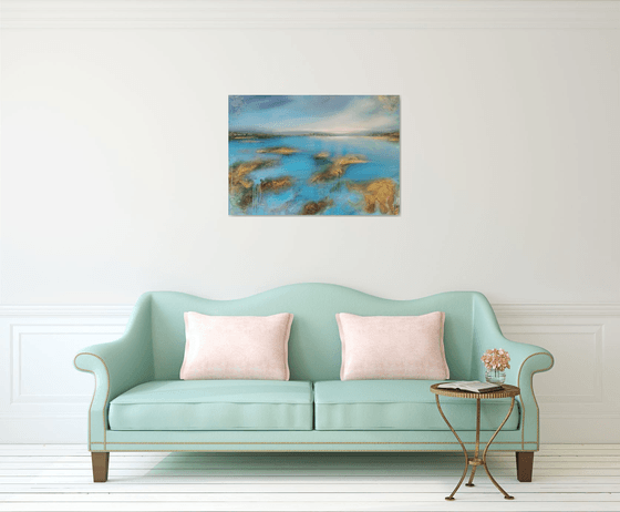 A large abstract beautiful structured mixed media painting of a lake "On the lakeshore"