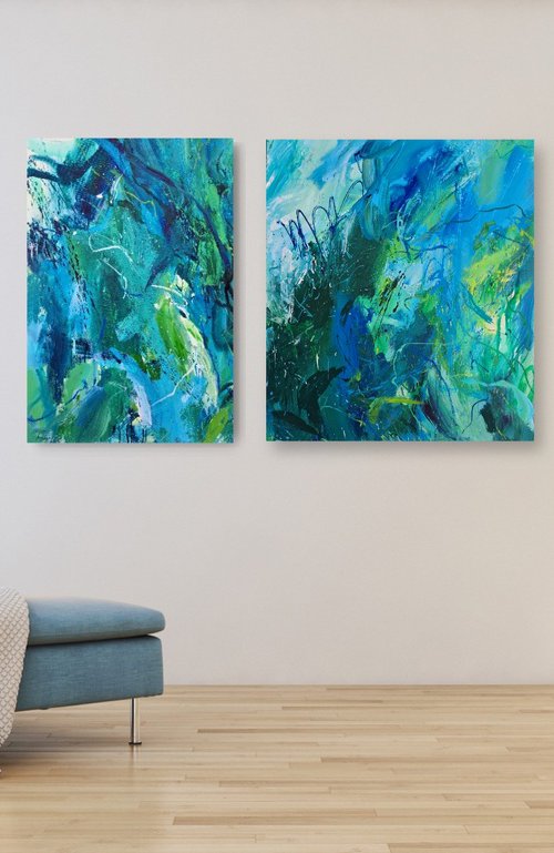 Diptych Jungle. Abstract green painting. by Mariana Briukhanova