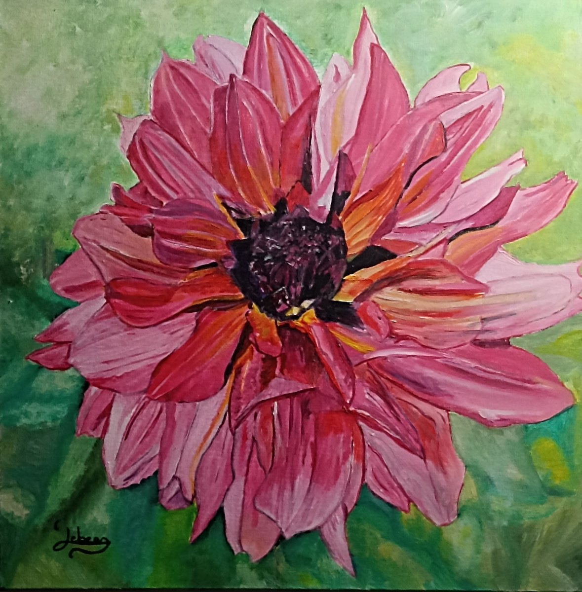 Impressionistic Botanical Oil Painting By Isabelle Lucas, 20 X 20, Flower Dalhia, Original Artwork