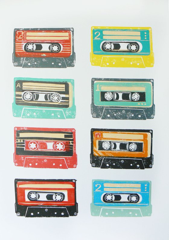 Linocut tapes #21 (cassette tapes, retro music, 70's, 80's rock culture)