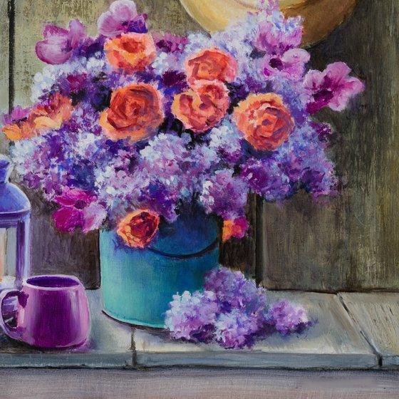 Red and purple flowers still life
