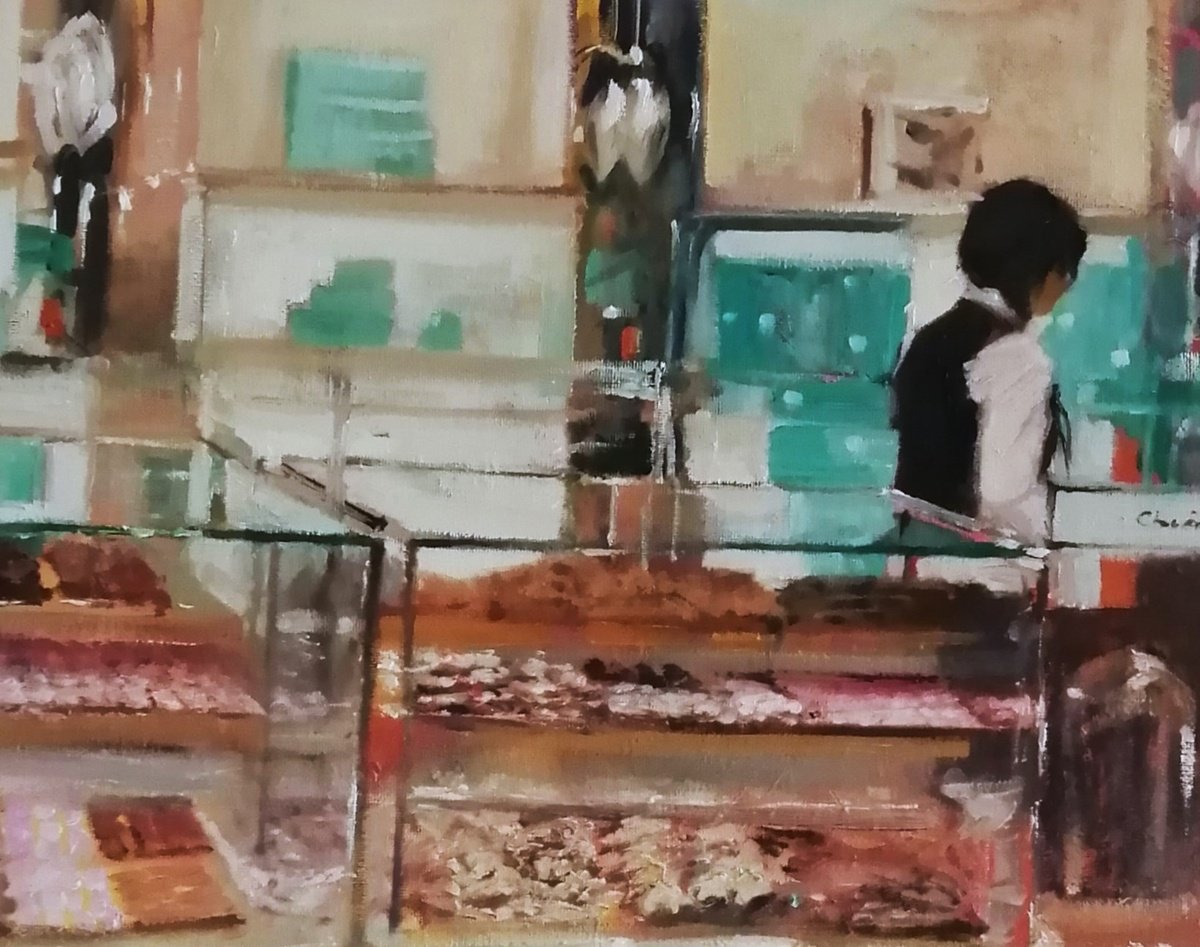 Impressionistic Portrait Oil Painting By Rosemary Burn, 16 X 12", Behind The Cake Counter, Original Artwork